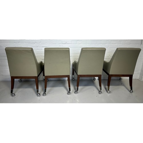 490 - A SET OF FOUR POKER CHAIRS UPHOLSTERED IN LEATHER FABRIC RAISED ON CHROME CASTORS (4), 

95cm x 58cm... 