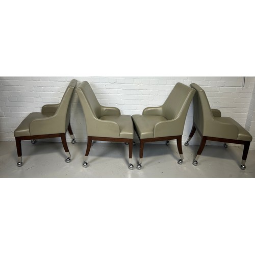 490 - A SET OF FOUR POKER CHAIRS UPHOLSTERED IN LEATHER FABRIC RAISED ON CHROME CASTORS (4), 

95cm x 58cm... 