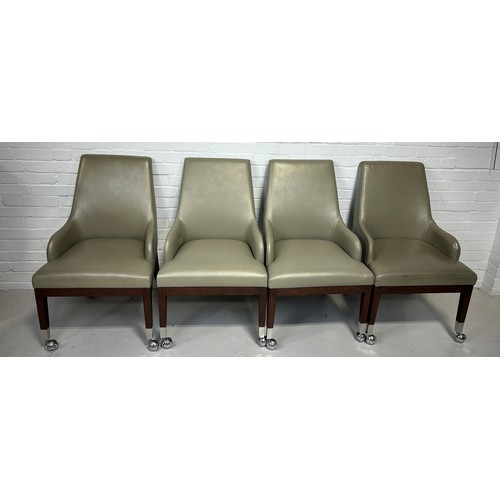 491 - A SET OF FOUR POKER CHAIRS UPHOLSTERED IN LEATHER FABRIC RAISED ON CHROME CASTORS (4), 

95cm x 58cm... 