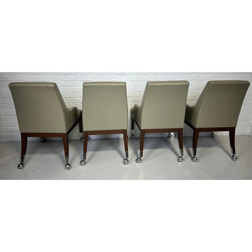 491 - A SET OF FOUR POKER CHAIRS UPHOLSTERED IN LEATHER FABRIC RAISED ON CHROME CASTORS (4), 

95cm x 58cm... 