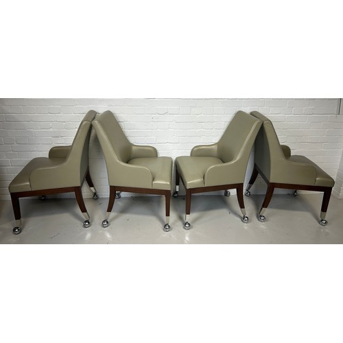 491 - A SET OF FOUR POKER CHAIRS UPHOLSTERED IN LEATHER FABRIC RAISED ON CHROME CASTORS (4), 

95cm x 58cm... 