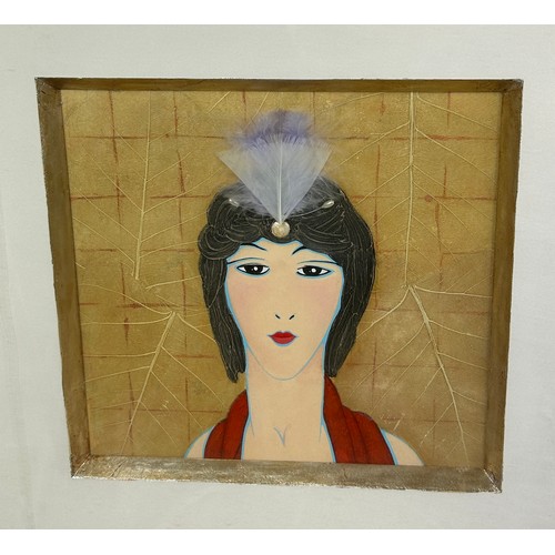 616 - A PAIR OF ART DECO STYLE MIXED MEDIA COLLAGES AND PAINTINGS DEPICTING TWO LADIES (2), 

20cm x 20cm ... 