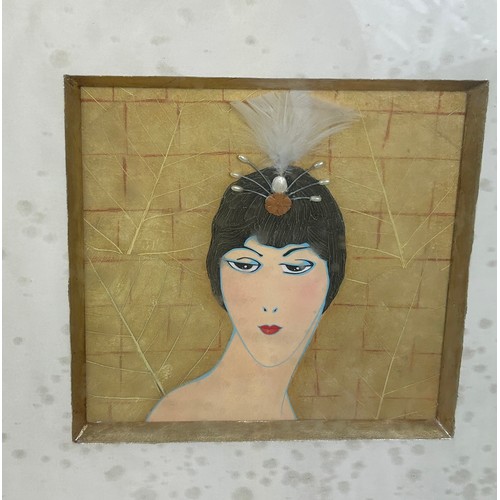 616 - A PAIR OF ART DECO STYLE MIXED MEDIA COLLAGES AND PAINTINGS DEPICTING TWO LADIES (2), 

20cm x 20cm ... 