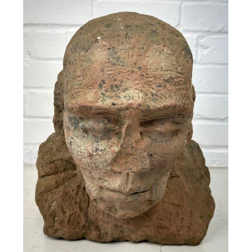 413 - A LIFE SIZE CARVED RED SANDSTONE BUST, 

Possibly Medieval. 

32cm x 29cm