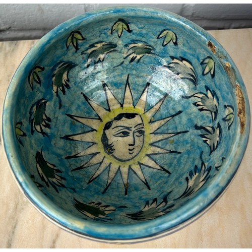 228 - A PERSIAN MINAIL WARE BOWL, STONE PASTE WITJ PAINTINGS,

16cm x 9cm