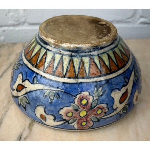 228 - A PERSIAN MINAIL WARE BOWL, STONE PASTE WITJ PAINTINGS,

16cm x 9cm