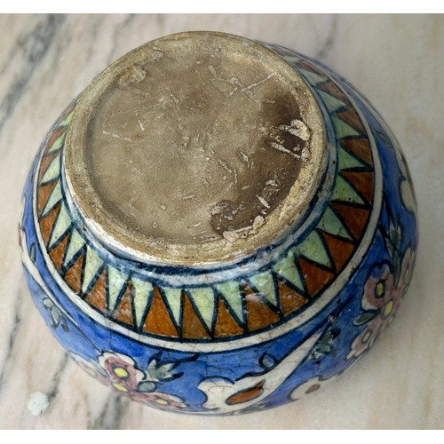 228 - A PERSIAN MINAIL WARE BOWL, STONE PASTE WITJ PAINTINGS,

16cm x 9cm