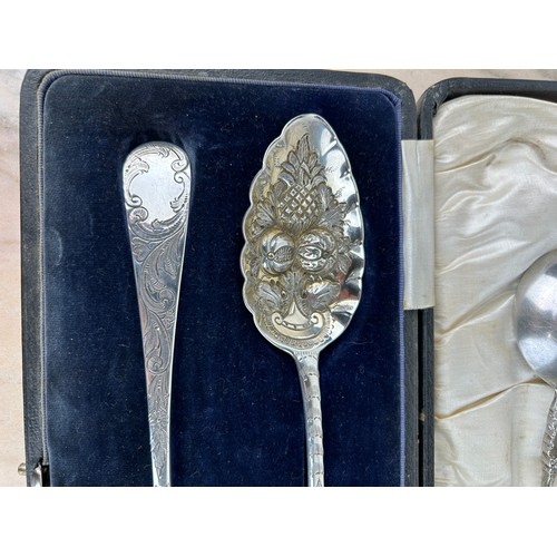 294 - A PAIR OF CASED SILVER GEORGIAN BERRY SPOONS ALONG WITH A DUTCH IMPORT SILVER SPOON, 

Hallmarked 17... 