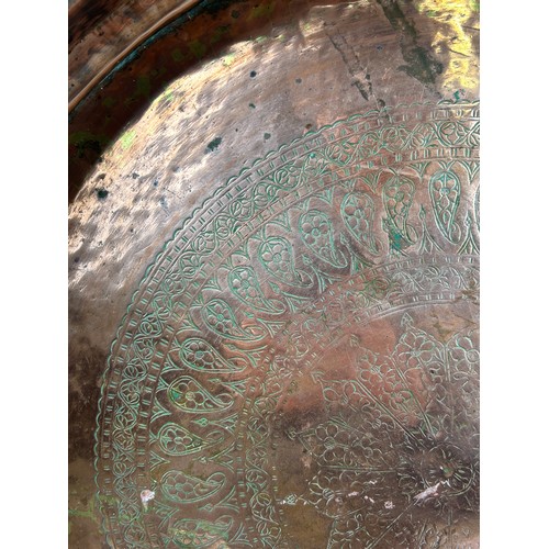 230 - A LARGE PERSIAN COPPER BASIN OR BOWL WITH SAFAVID TYPE ENGRAVINGS, 

47Ccm x 9cm