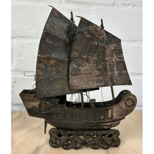 219 - A CHINESE SILVER JUNK SHIP WITH FIGURES, 

19cm x 16cm