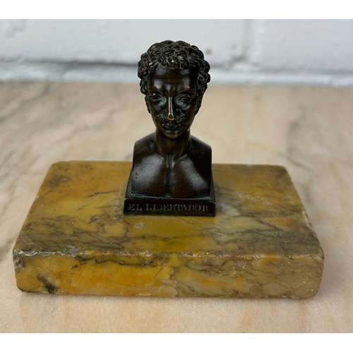 247 - A SMALL BRONZE BUST 'EL LIBERTADOR' MOUNTED ON A SIENNA MARBLE STAND,

6cm H
10cm x 8cm with stand.