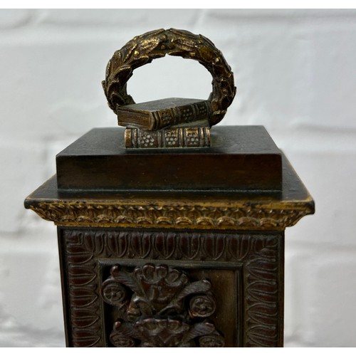 246 - AN EARLY 19TH CENTURY FRENCH BRONZE AND GILT BRONZE CARD HOLDER ON ROUGE MARBLE BASE, 

French paper... 