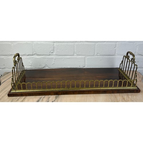 254 - AN EARLY 19TH CENTURY ROSEWOOD AND GILT BRASS GALLERY LIBRARY BOOK CARRIER,

54cm x 23cm x 15cm