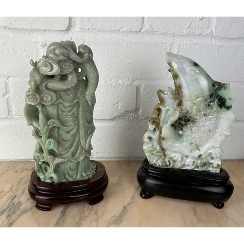 211 - TWO CHINESE JADE GROUPS ONE DEPICTING GUANYIN WITH CHILD ANOTHER OF FISH (2) 

Probably 20th Century... 