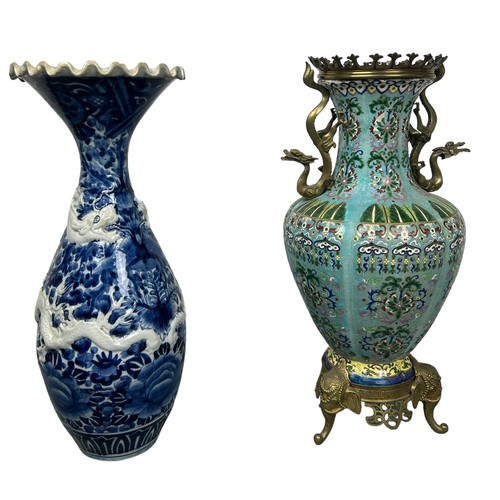 591 - A TURQUOISE CLOISONNE VASE AND A BLUE AND WHITE VASE WITH DRAGONS (2)

Largest 55cm H