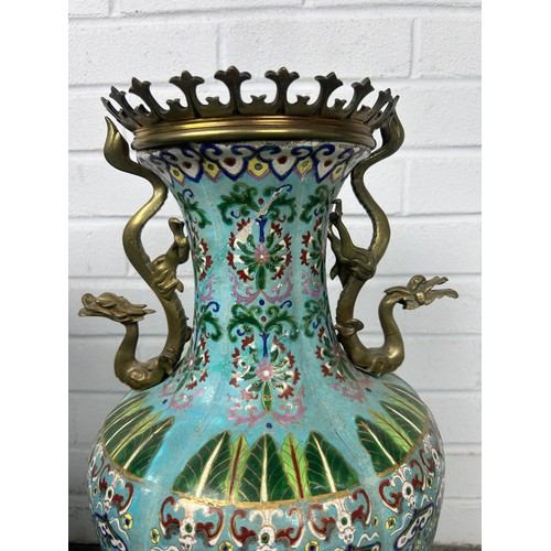 591 - A TURQUOISE CLOISONNE VASE AND A BLUE AND WHITE VASE WITH DRAGONS (2)

Largest 55cm H