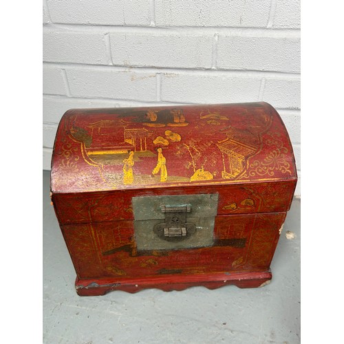 590 - CHINESE RED CONTAINER WITH STAND, RED BOX AND TWO BASKETS (5)