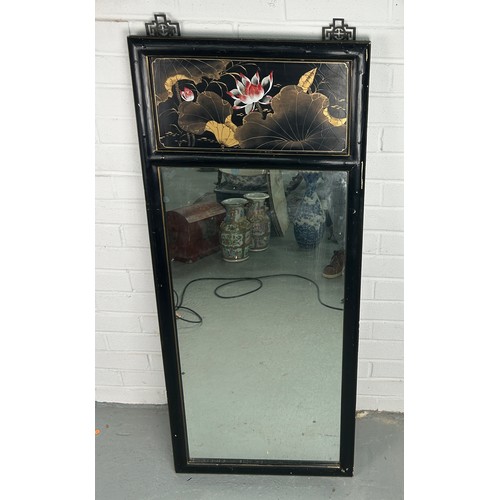 543 - A BLACK ORIENTAL LACQUERED WALL MIRROR,

130cm x 50cm