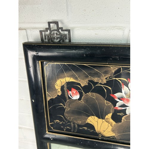 543 - A BLACK ORIENTAL LACQUERED WALL MIRROR,

130cm x 50cm