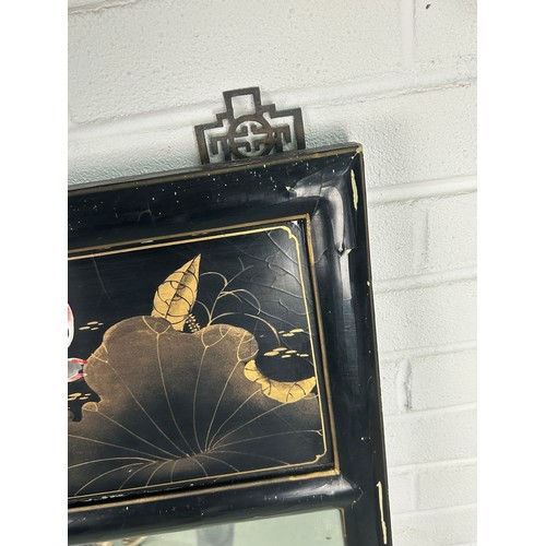 543 - A BLACK ORIENTAL LACQUERED WALL MIRROR,

130cm x 50cm