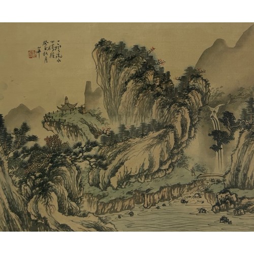 144 - A CHINESE PAINTING ON SCROLL DEPICTING LANDSCAPES, 

36cm x 30cm 

Mounted in a frame and glazed.