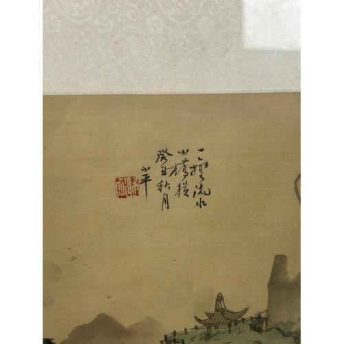 144 - A CHINESE PAINTING ON SCROLL DEPICTING LANDSCAPES, 

36cm x 30cm 

Mounted in a frame and glazed.