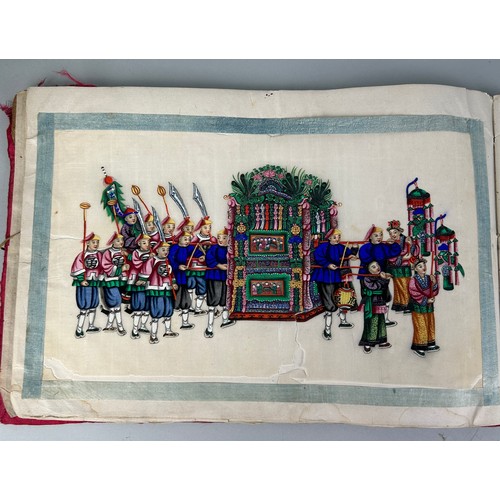 218 - AN OLD CHINESE SILK ALBUM CONTAINING TEN RICE PAPER PAINTINGS, 

Album measures 37cm x 25cm 

Some i... 