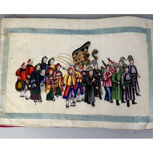 218 - AN OLD CHINESE SILK ALBUM CONTAINING TEN RICE PAPER PAINTINGS, 

Album measures 37cm x 25cm 

Some i... 