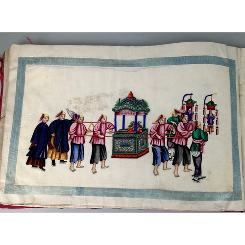 218 - AN OLD CHINESE SILK ALBUM CONTAINING TEN RICE PAPER PAINTINGS, 

Album measures 37cm x 25cm 

Some i... 