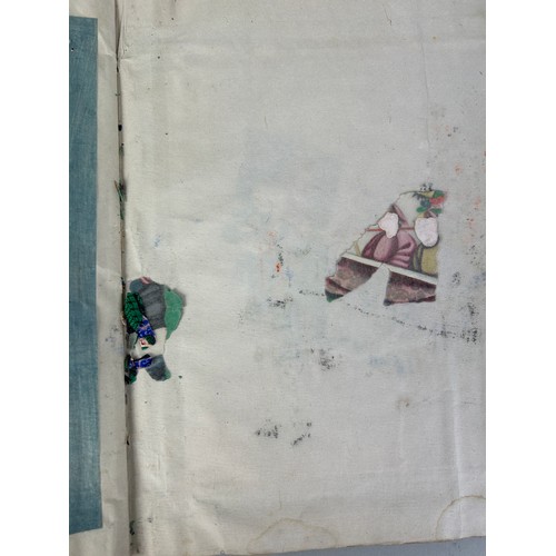 218 - AN OLD CHINESE SILK ALBUM CONTAINING TEN RICE PAPER PAINTINGS, 

Album measures 37cm x 25cm 

Some i... 