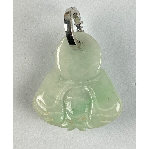 348 - A CHINESE GREEN NATURAL JADE BUDDHA WITH GOLD AND DIAMONDS BAIL, 

Weight 11.5gms