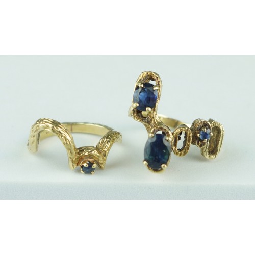 335 - A TWO PIECE 1970'S 14CT GOLD RING SET WITH SAPPHIRES, 

Weight: 10.7gms 

The bark effect rings of a... 