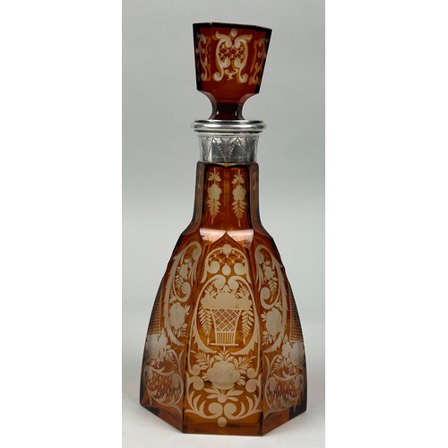 259A - AN AMBER GLASS DECANTER WITH SILVER COLLAR CIRCA 1900, 

30cm H

Possibly Venetian, or Spanish.