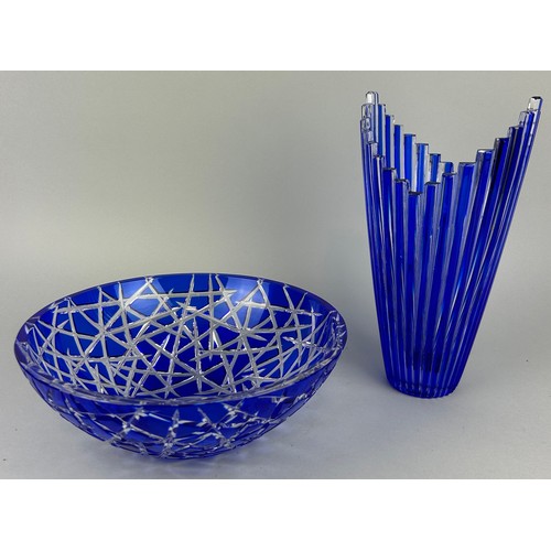 548 - A COBALT BLUE CUT CRYSTAL BOWL AND A CAESAR CRYSTAL MIKADO VASE, 

Bowl 25cm x 9cm 

Vase 28cm H