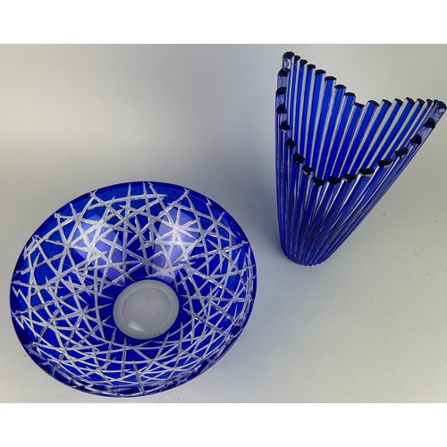 548 - A COBALT BLUE CUT CRYSTAL BOWL AND A CAESAR CRYSTAL MIKADO VASE, 

Bowl 25cm x 9cm 

Vase 28cm H