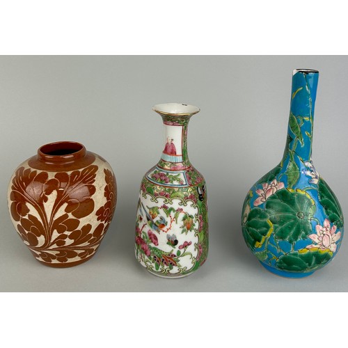 60 - A GROUP OF THREE CHINESE VASES (3),

Including one famille rose Canton ware (17cm H)