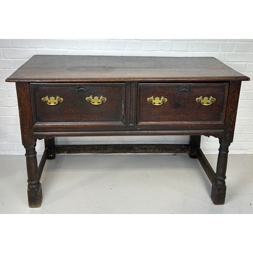 412 - A CHARLES II OAK DRESSER WITH TWO DRAWERS RAISED ON FOUR LEGS JOINED WITH A STRETCHER, 

130cm x 80c... 