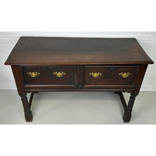 412 - A CHARLES II OAK DRESSER WITH TWO DRAWERS RAISED ON FOUR LEGS JOINED WITH A STRETCHER, 

130cm x 80c... 