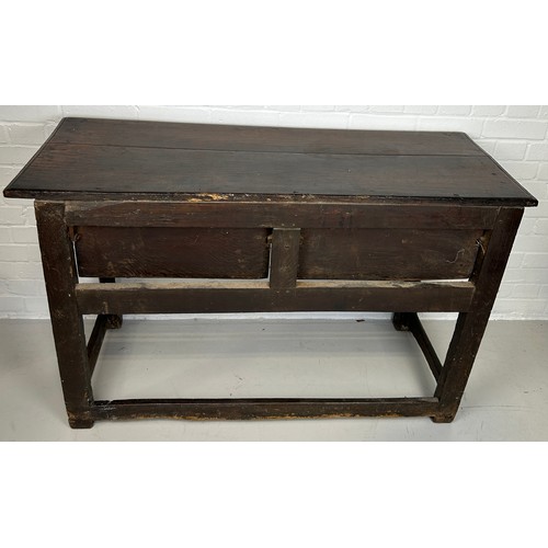 412 - A CHARLES II OAK DRESSER WITH TWO DRAWERS RAISED ON FOUR LEGS JOINED WITH A STRETCHER, 

130cm x 80c... 