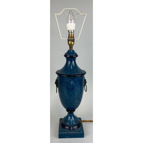 460 - A CLASSICAL DESIGN SIMULATED BLUE MARBLE TABLE LAMP, 

With lion head handles.