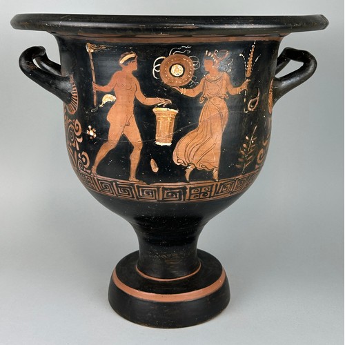 AN APULIAN POTTERY BELL KRATER ATTRIBUTED TO THE BARLETTA PAINTER CIRCA 4TH CENTURY BC, 

37.8cm H x 38.5cm D

Purchased at Sotheby’s, 'Antiquities' London 7th-8th July 1994, Lot 463.

Provenance: From the Collection of the late William Gladstone Stewart (1933-2017), host of television show 'Fifteen to One'. 

Fifteen to One was a British general knowledge quiz show broadcast on Channel 4. It originally ran from 11 January 1988 to 19 December 2003 and had a reputation for being one of the toughest quizzes on TV. Throughout the show's original run, it was presented and produced by William G. Stewart. Thousands of contestants appeared on the programme, which had very little of the chatting between host and contestants that is often a feature of other television quiz shows.

The series prize tended to be a classical artefact (for example an ancient Greek vase). Prizes were occasionally valued at several million pounds by archaeologists.