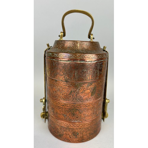 137 - AN INDIAN COPPER TIFFIN BOX WITH BRASS HANDLES

25cm x 15cm 

Engraved with rabbits, figures and flo... 