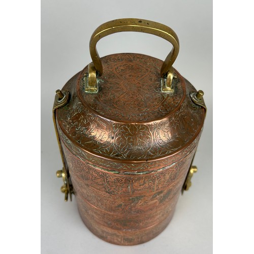 137 - AN INDIAN COPPER TIFFIN BOX WITH BRASS HANDLES

25cm x 15cm 

Engraved with rabbits, figures and flo... 