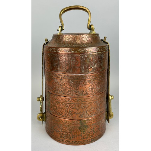 137 - AN INDIAN COPPER TIFFIN BOX WITH BRASS HANDLES

25cm x 15cm 

Engraved with rabbits, figures and flo... 