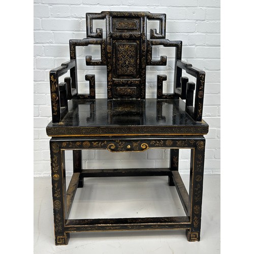 128 - AN EARLY 20TH CENTURY CHINESE BLACK LACQUERED ARMCHAIR, 

102cm x 65cm x 50cm