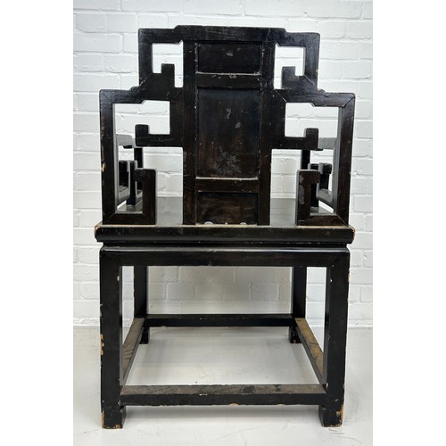 128 - AN EARLY 20TH CENTURY CHINESE BLACK LACQUERED ARMCHAIR, 

102cm x 65cm x 50cm