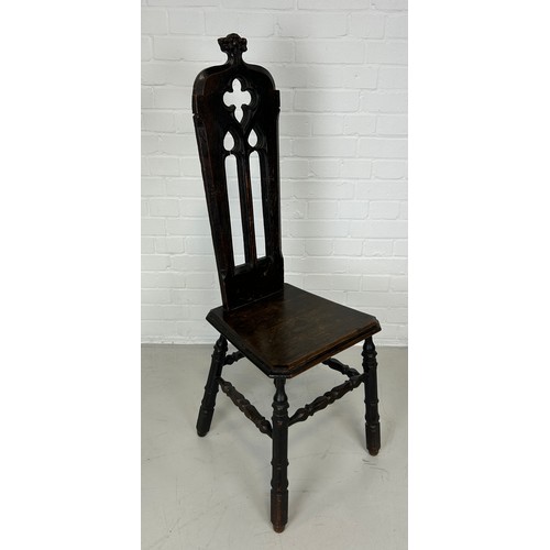 462 - A 19TH CENTURY GOTHIC OAK CHAIR, 

140cm x 38cm x 38cm