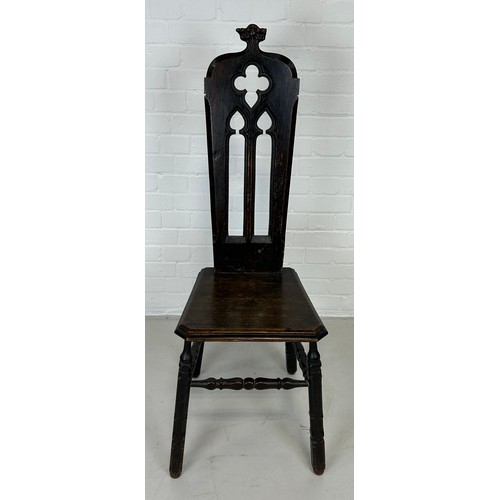 462 - A 19TH CENTURY GOTHIC OAK CHAIR, 

140cm x 38cm x 38cm