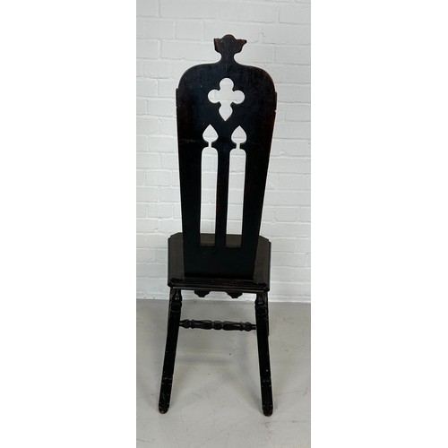 462 - A 19TH CENTURY GOTHIC OAK CHAIR, 

140cm x 38cm x 38cm