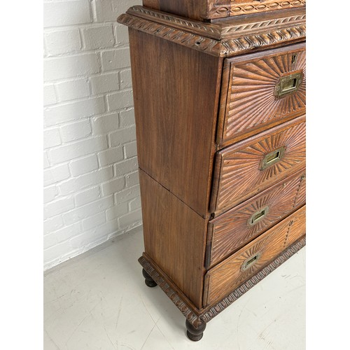 418 - A 19TH CENTURY ANGLO INDIAN ROSEWOOD SECTIONAL SECRETAIRE WITH SUNBURST DESIGN PANELS 

172cm x 92cm... 